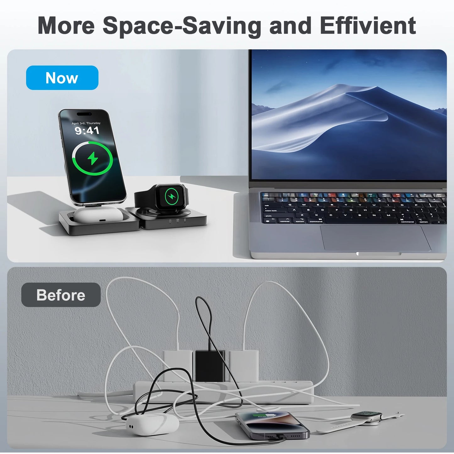 3-in-1 MagSafe Wireless Charging Station – Foldable Fast Charger for iPhone 13–17, Apple Watch & AirPods