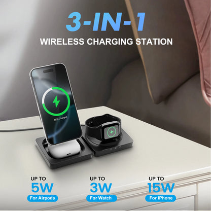 3-in-1 MagSafe Wireless Charging Station – Foldable Fast Charger for iPhone 13–17, Apple Watch & AirPods