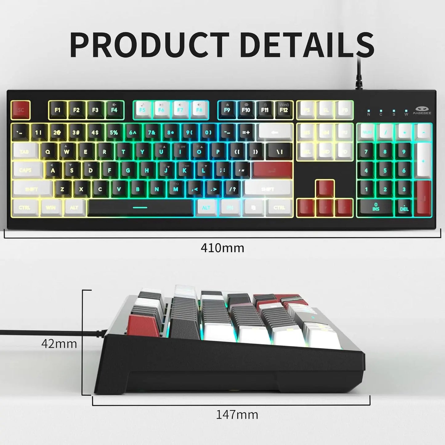 MageGee K2 RGB Wired Keyboard – 104 Keys, Ergonomic, Waterproof, Plug & Play for PC & Laptop