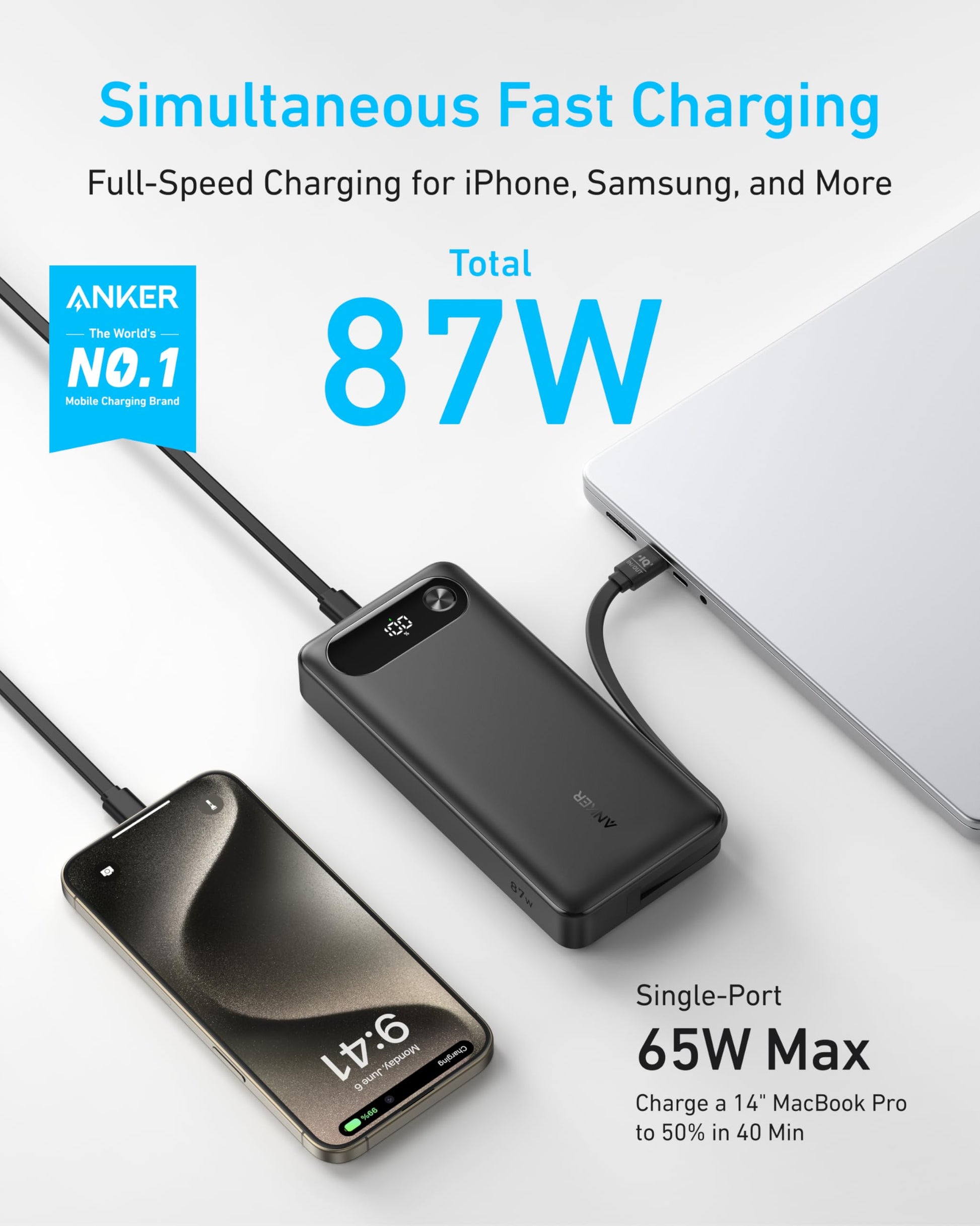 Anker 20000mAh 87W power bank with built-in USB-C cable fast charging portable - view 2