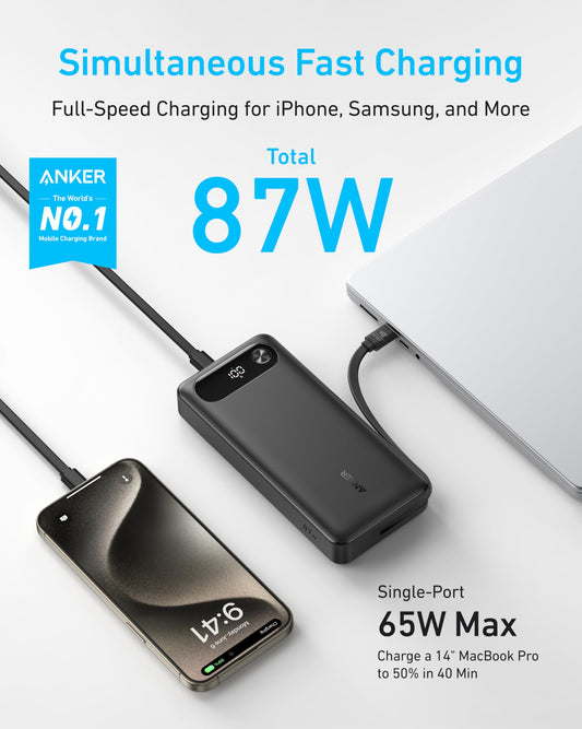 Anker 20000mAh 87W power bank with built-in USB-C cable fast charging portable - view 2